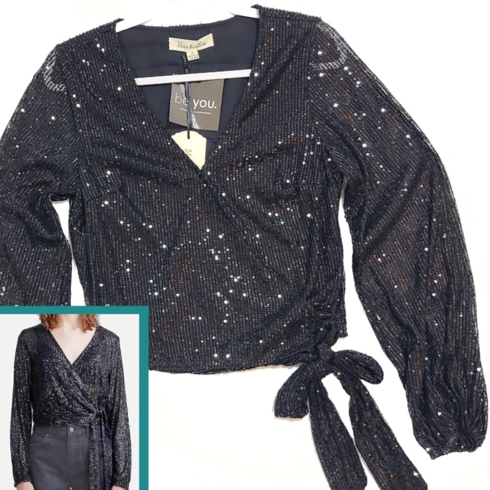 Vine & Love Sequin Wrap Crop Top size Medium M Black tie Surplice Sheer Arms